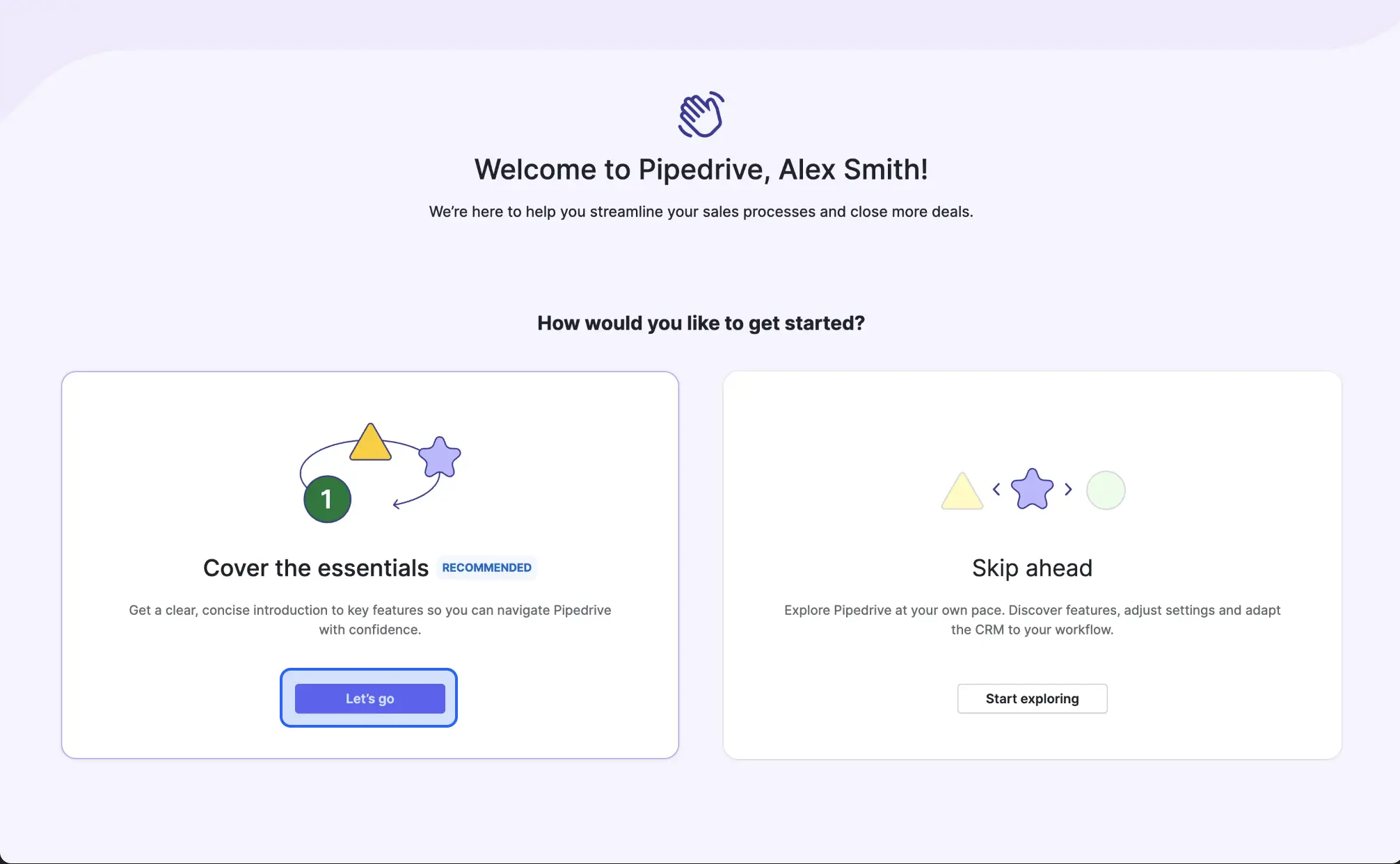 Pipedrive: Goal selection appears after verification and workspace setup, keeping account access separate from workflow personalization.